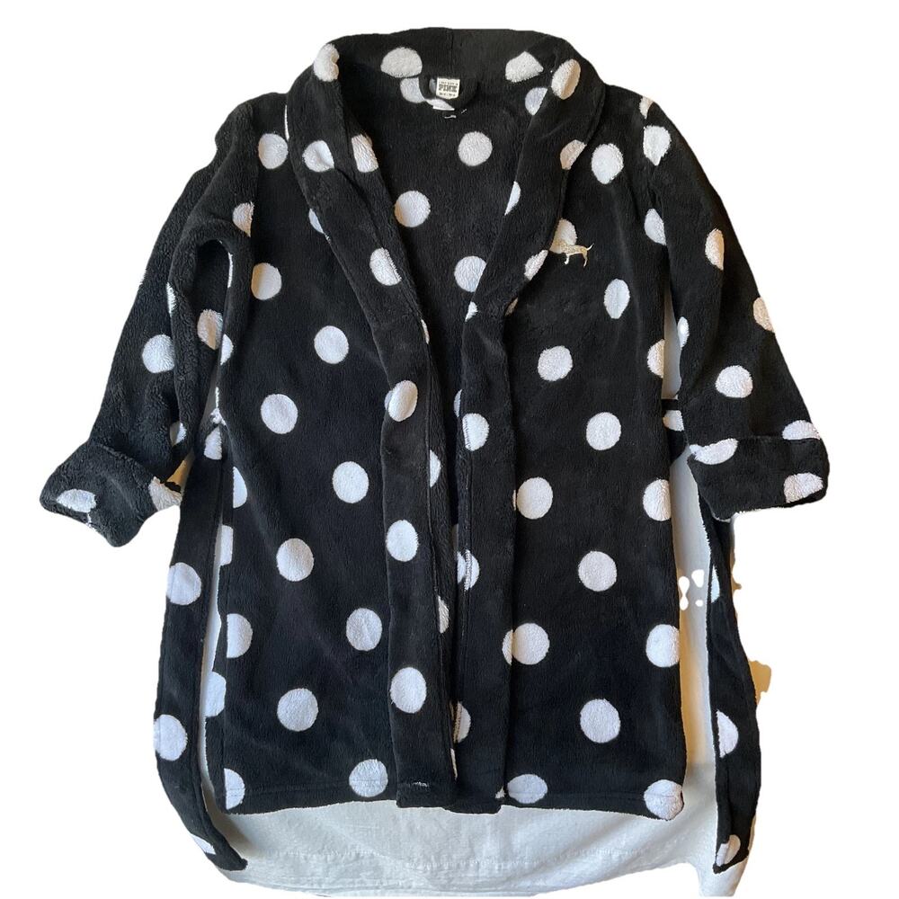 Victoria's Secret PINK Women Sleepwear XS/S Black Dog Embroidery Robe Polka Dot